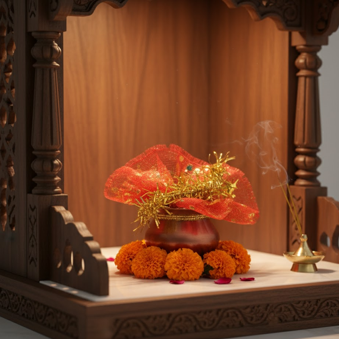 Mini kalash pooja set arranged as part of Holi and Diwali pooja accessories