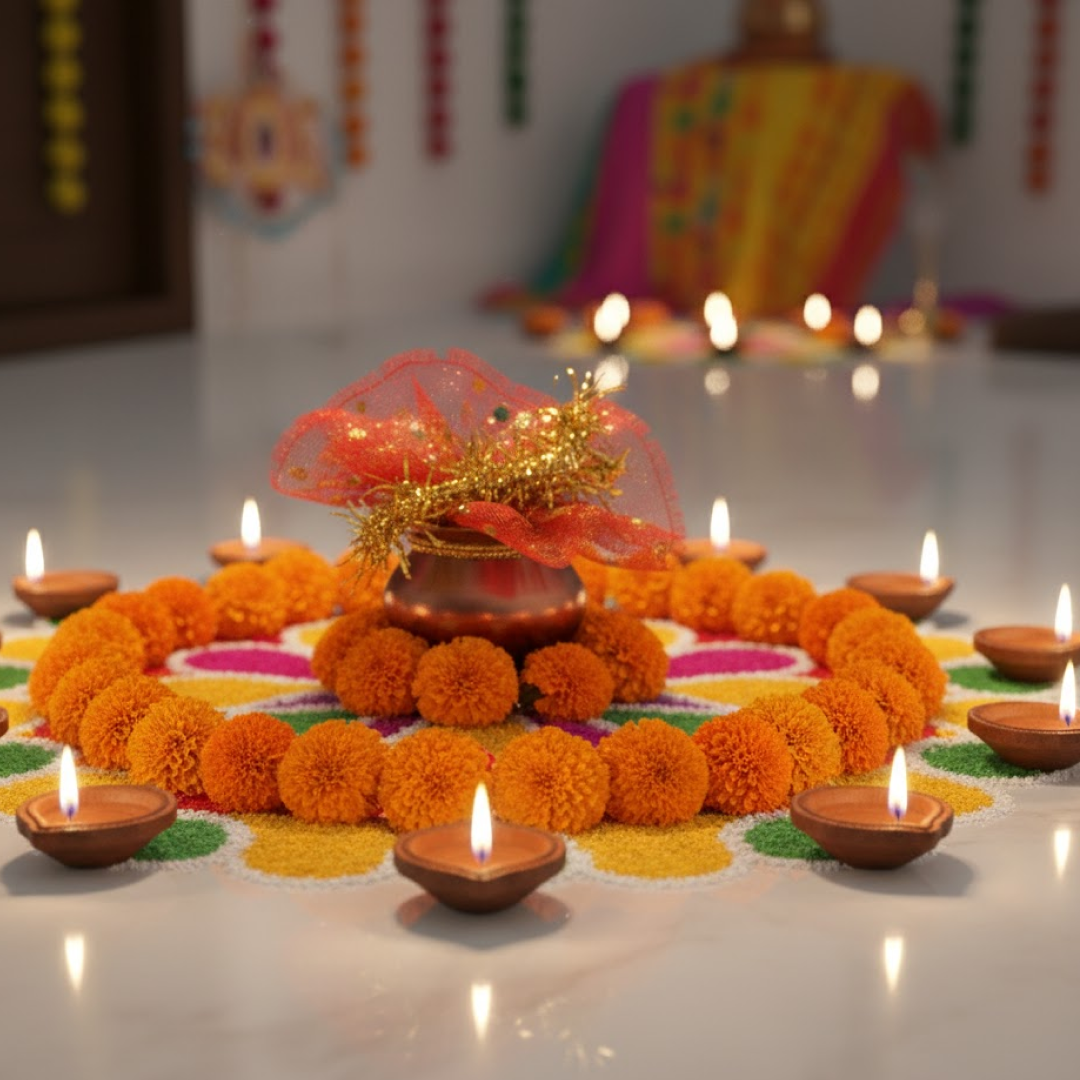 Complete setup of mini kalash pooja set with traditional items for worship