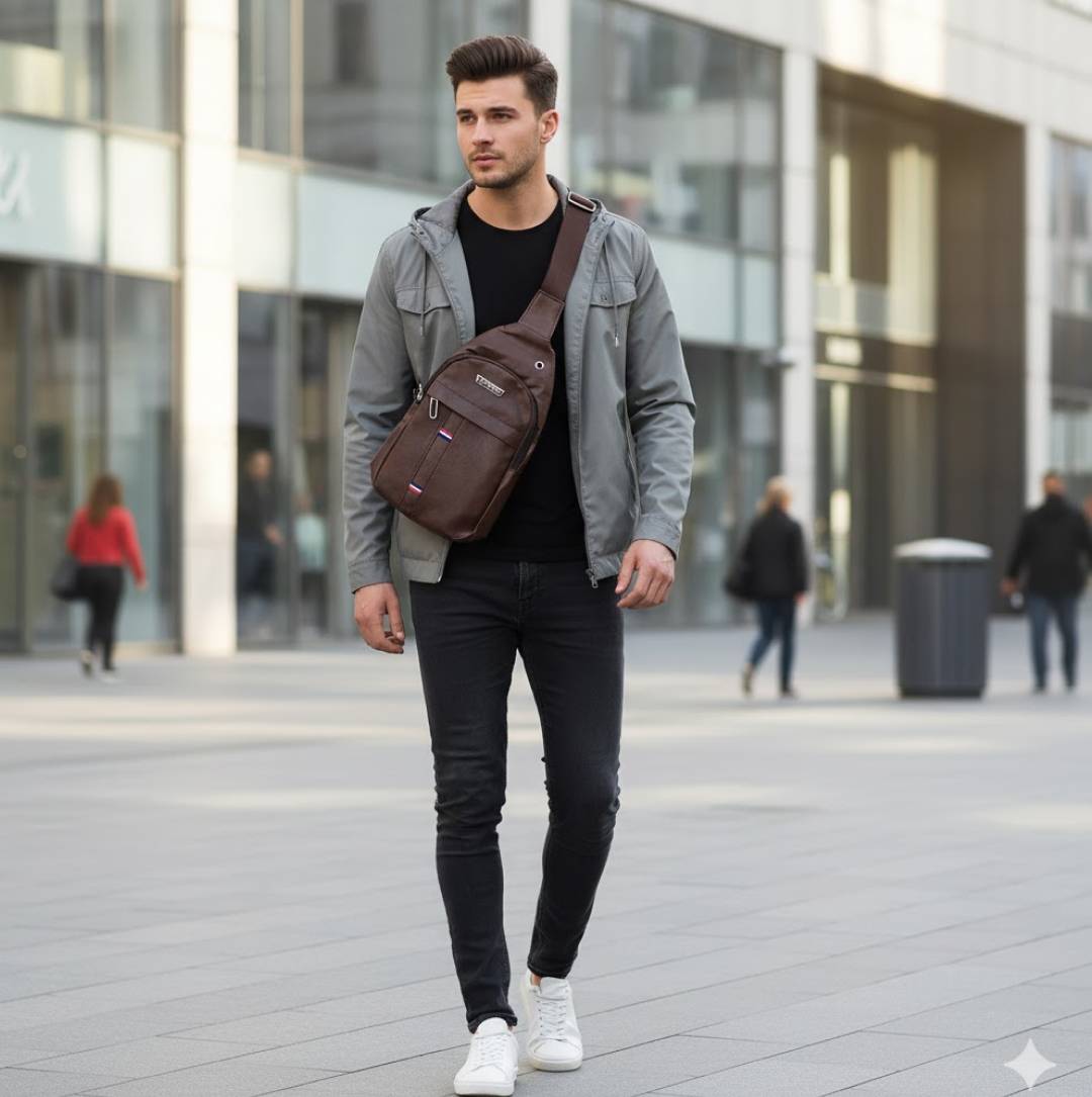Detailed view of the FERVENT men's casual bag, illustrating its internal compartments and robust zippers.