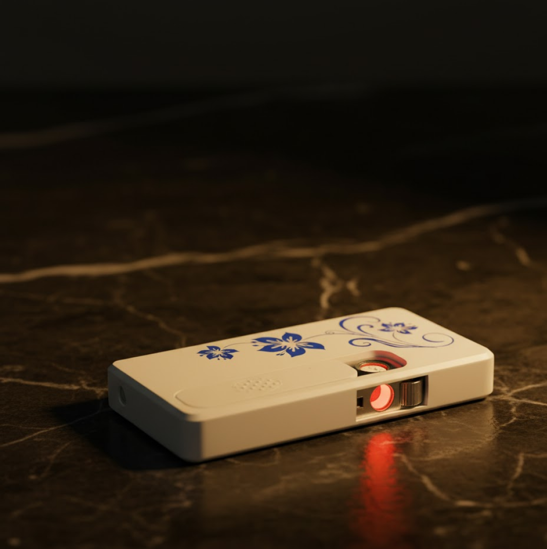 Windproof electric lighter shown in action, defying wind.