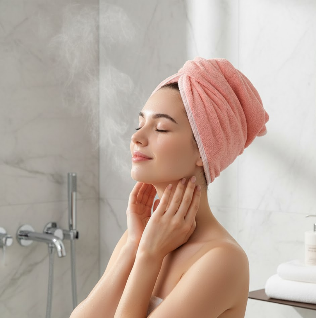 Smiling woman with her hair wrapped in a pink quick-dry hair towel after shower.