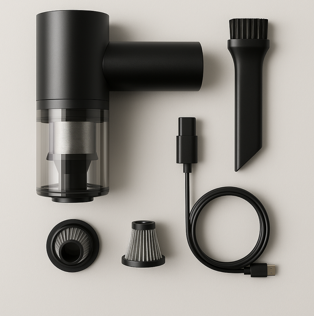 Compact wireless vacuum cleaning dust from a tight corner in a home setting.
