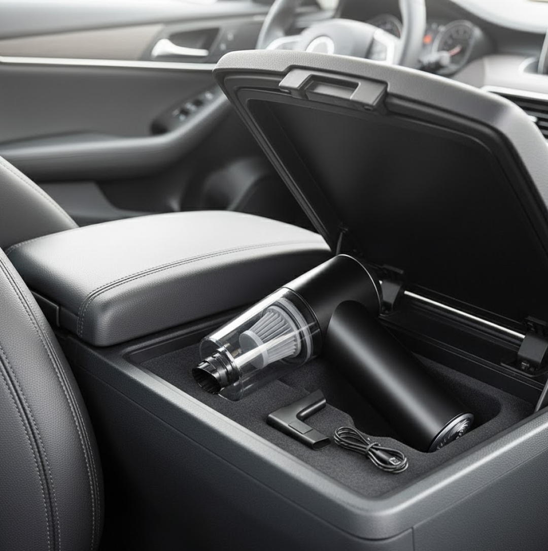 USB rechargeable car vacuum cleaner with charging cable and nozzle attachments.