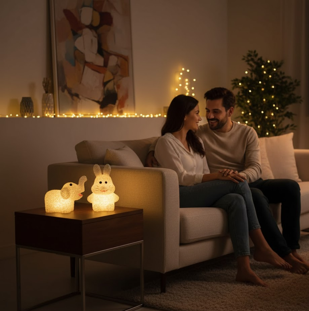 A cute animal table lamp, part of a set, providing ambient lighting.