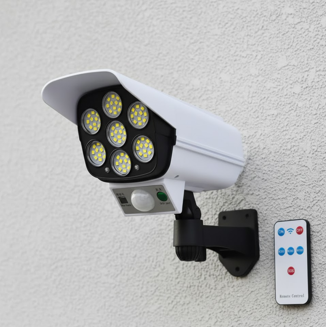 Product features graphic for the AutoSafeo solar security camera light.