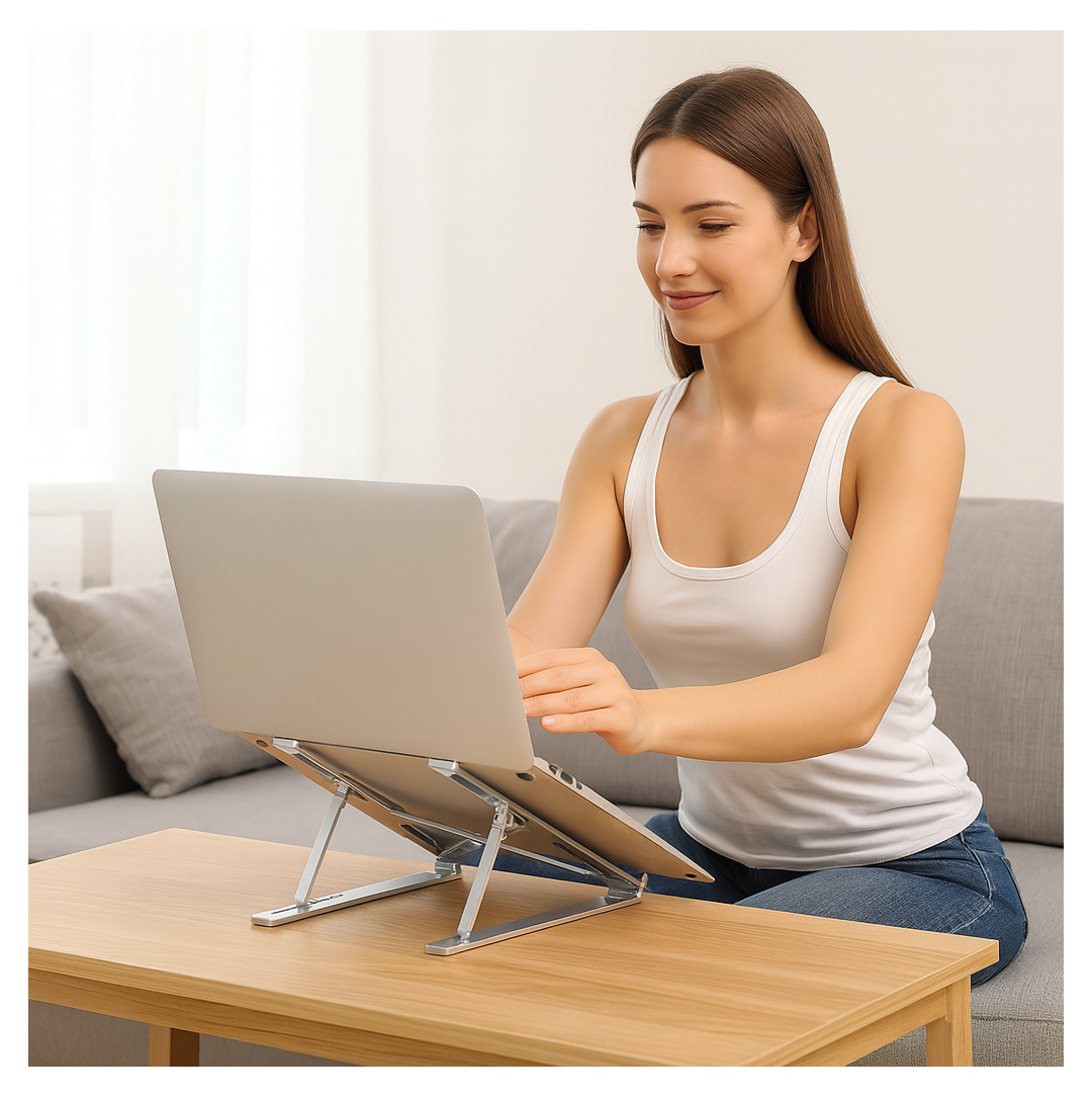 Graphic illustrating the portable and foldable design for easy storage of the laptop riser.