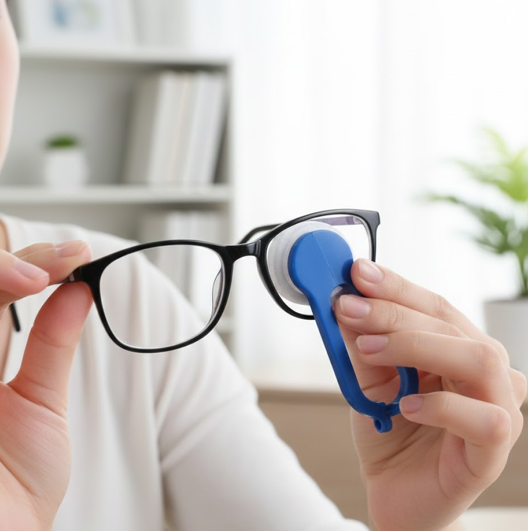 Step-by-step diagram showing the proper technique to use the eyeglass cleaner.