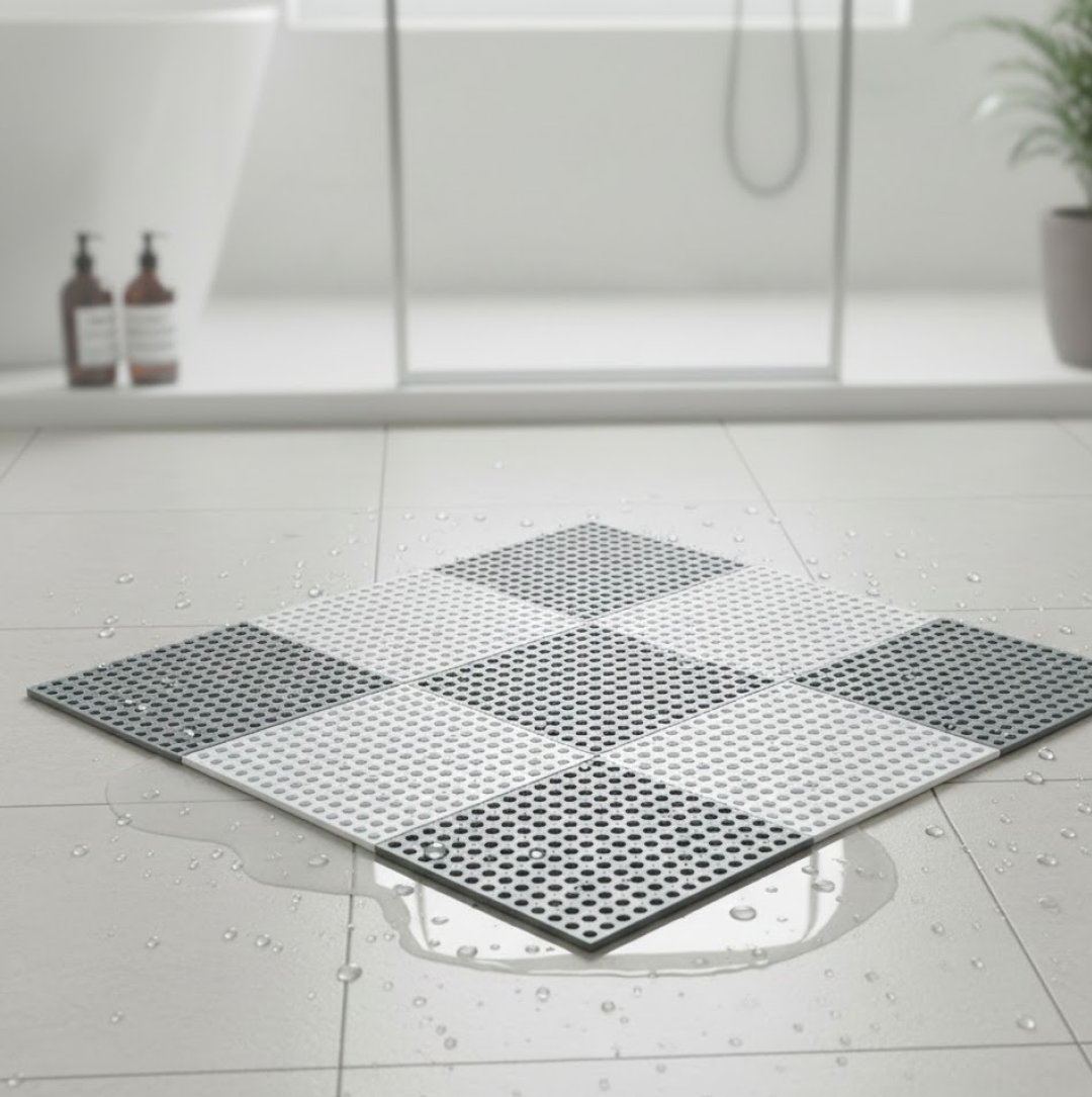 Measurement and technical sheet detailing the compact anti-slip bath mat.