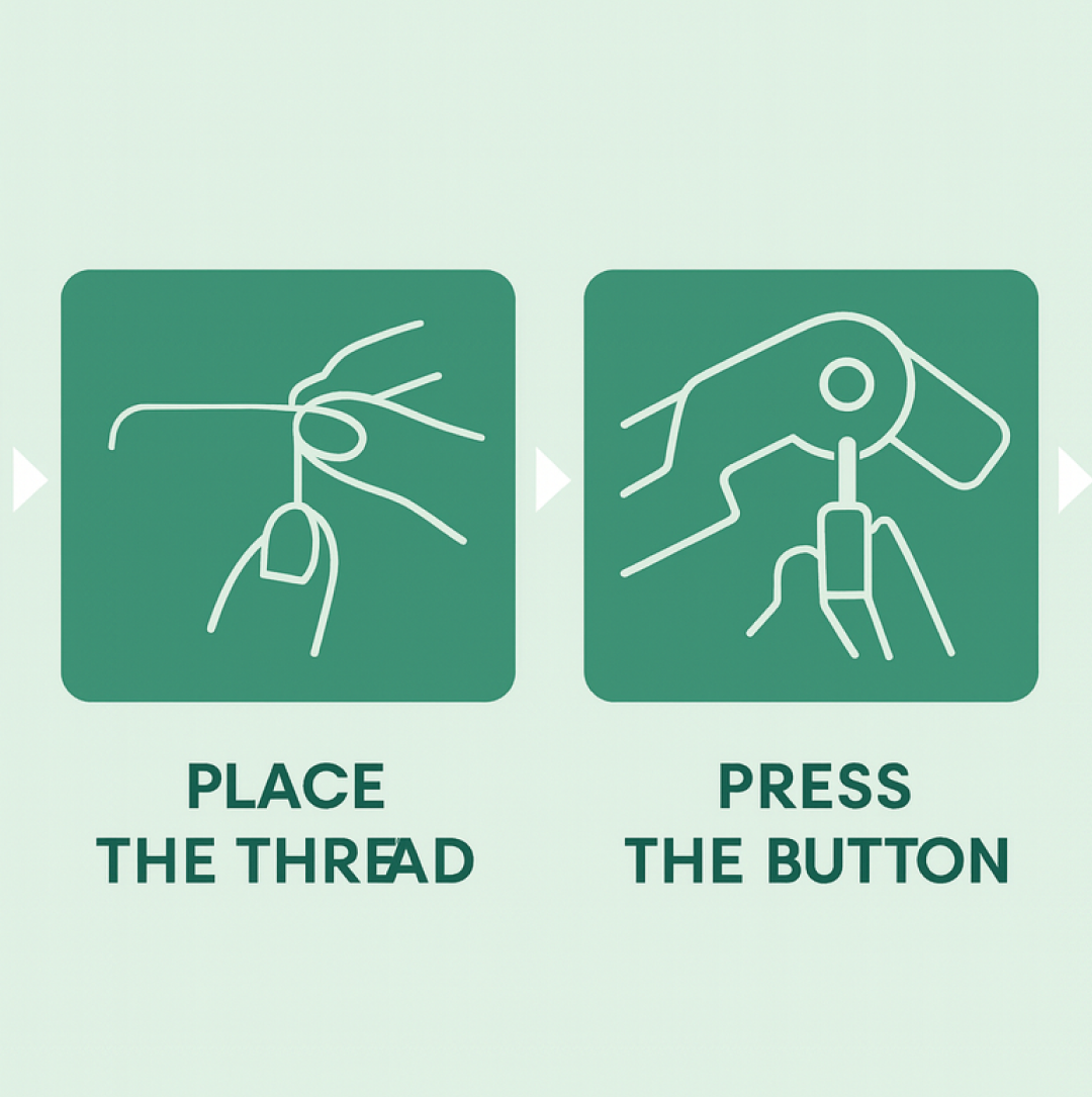 Automatic needle threader shown with a needle and thread, ready for use.