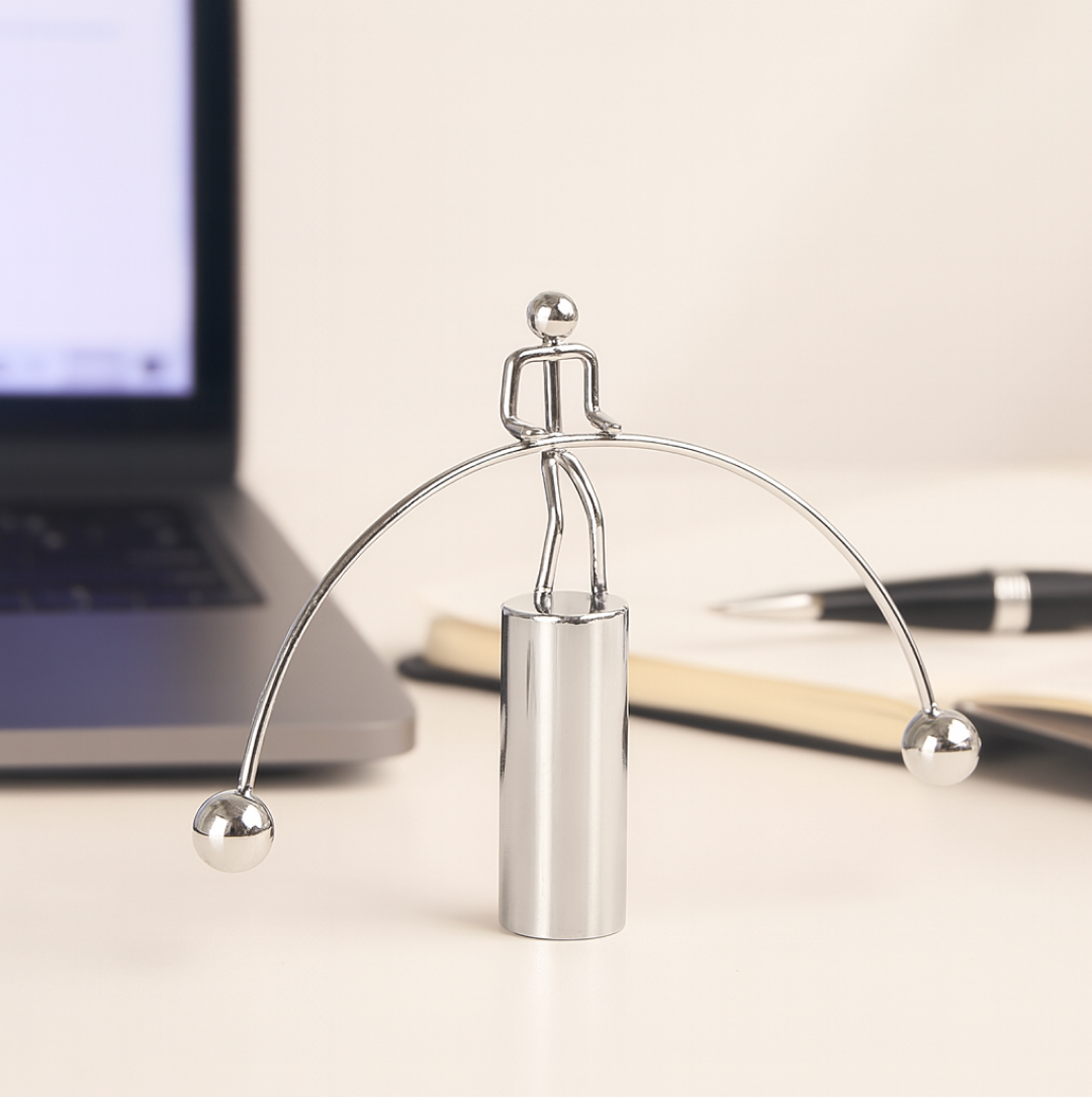 Dynamic shot of the steel balance toy's swinging balls, creating a mesmerizing effect.