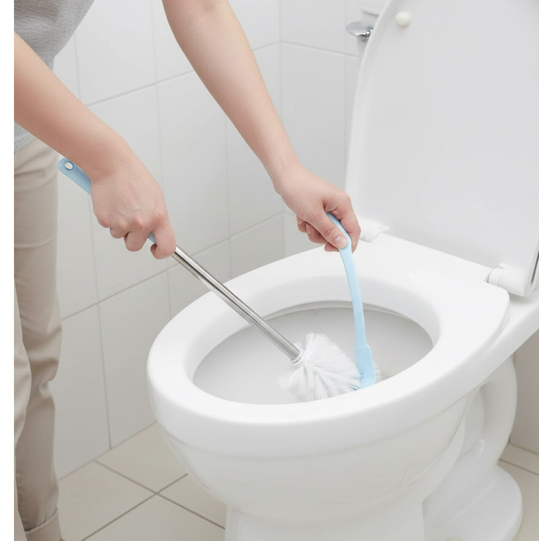 The toilet brush with holder in a clean, minimalist bathroom setting.