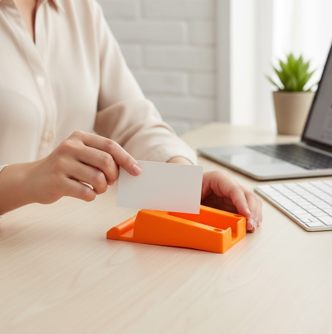 Instructional image for business card and mobile holder