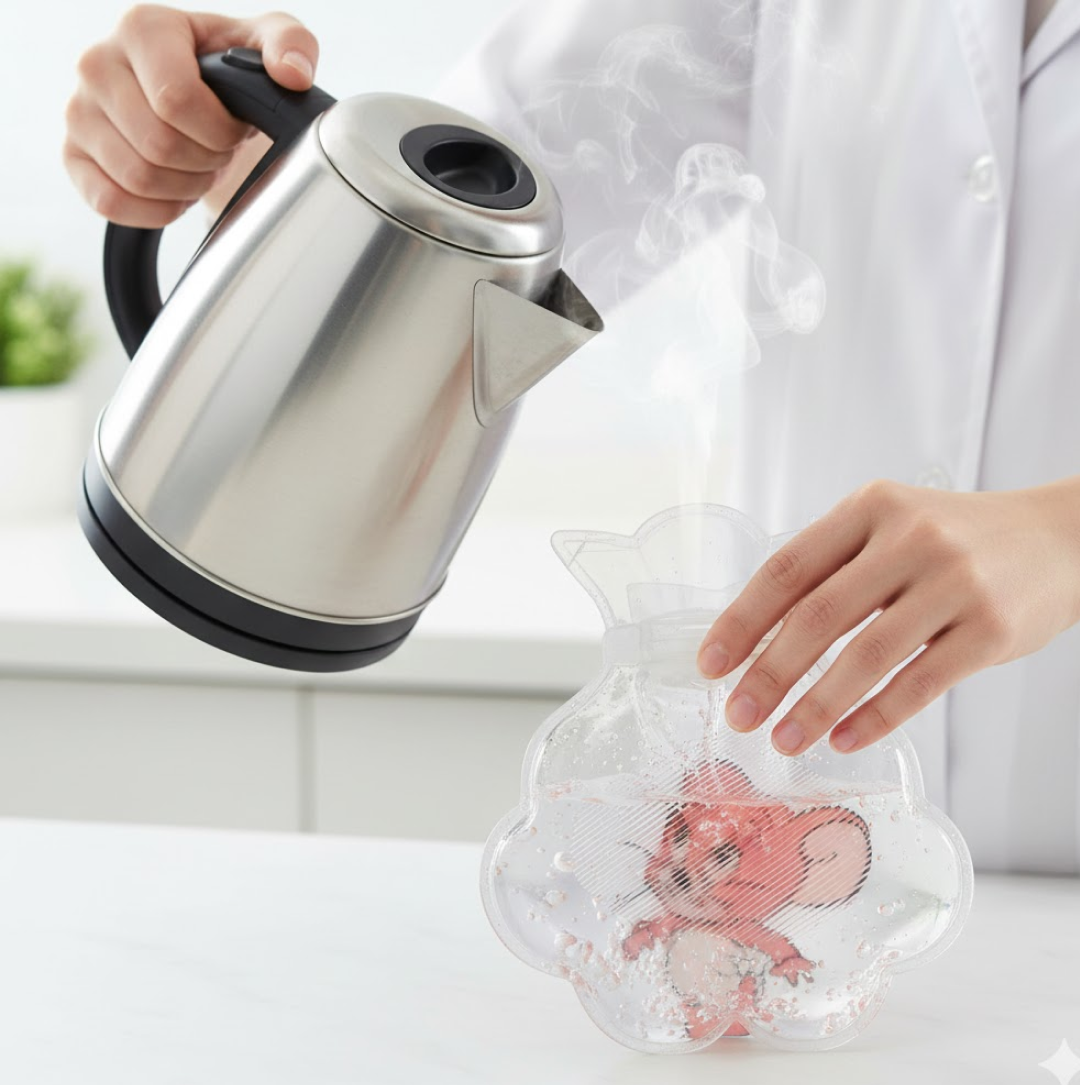 Transparent hot water bag soothing abdominal discomfort.