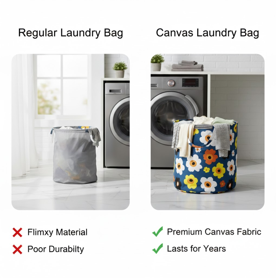 Spacious 45-litre canvas laundry bag shown with ample capacity for clothes.