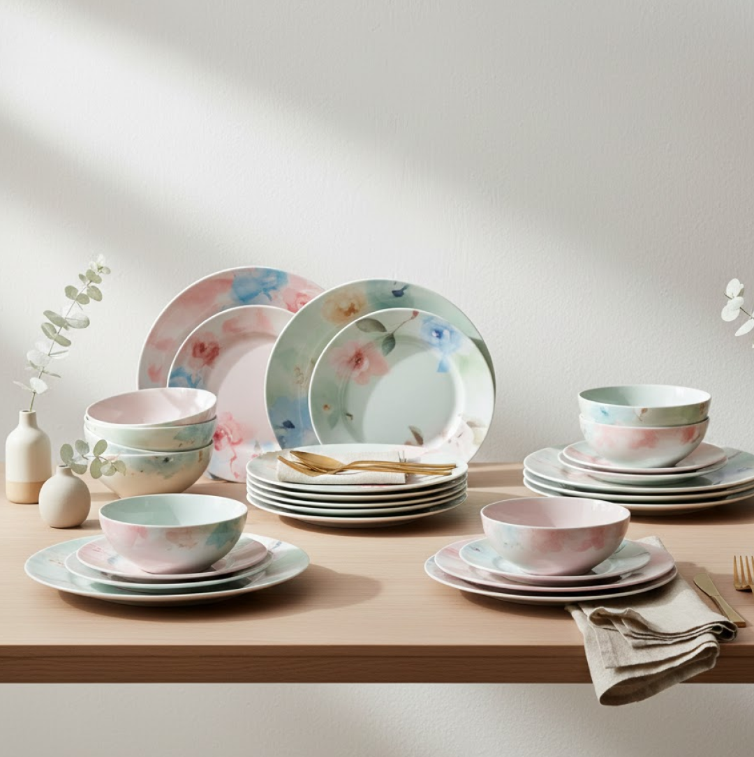 Stackable 32-piece plastic dinner set, optimizing kitchen storage.