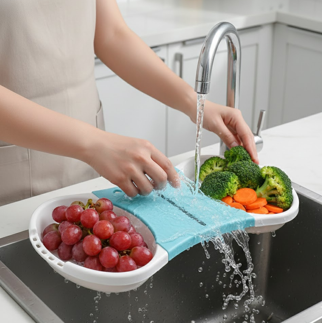 Portable Quickslice vegetable cutter and washer, ideal for compact kitchens.