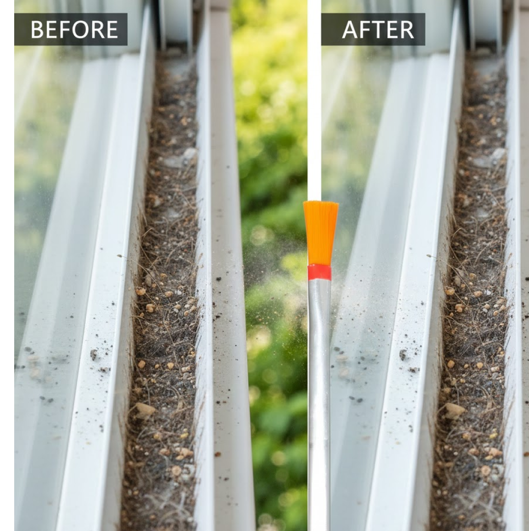 Dust cleaning brush in action, effectively cleaning a keyboard and window frame.