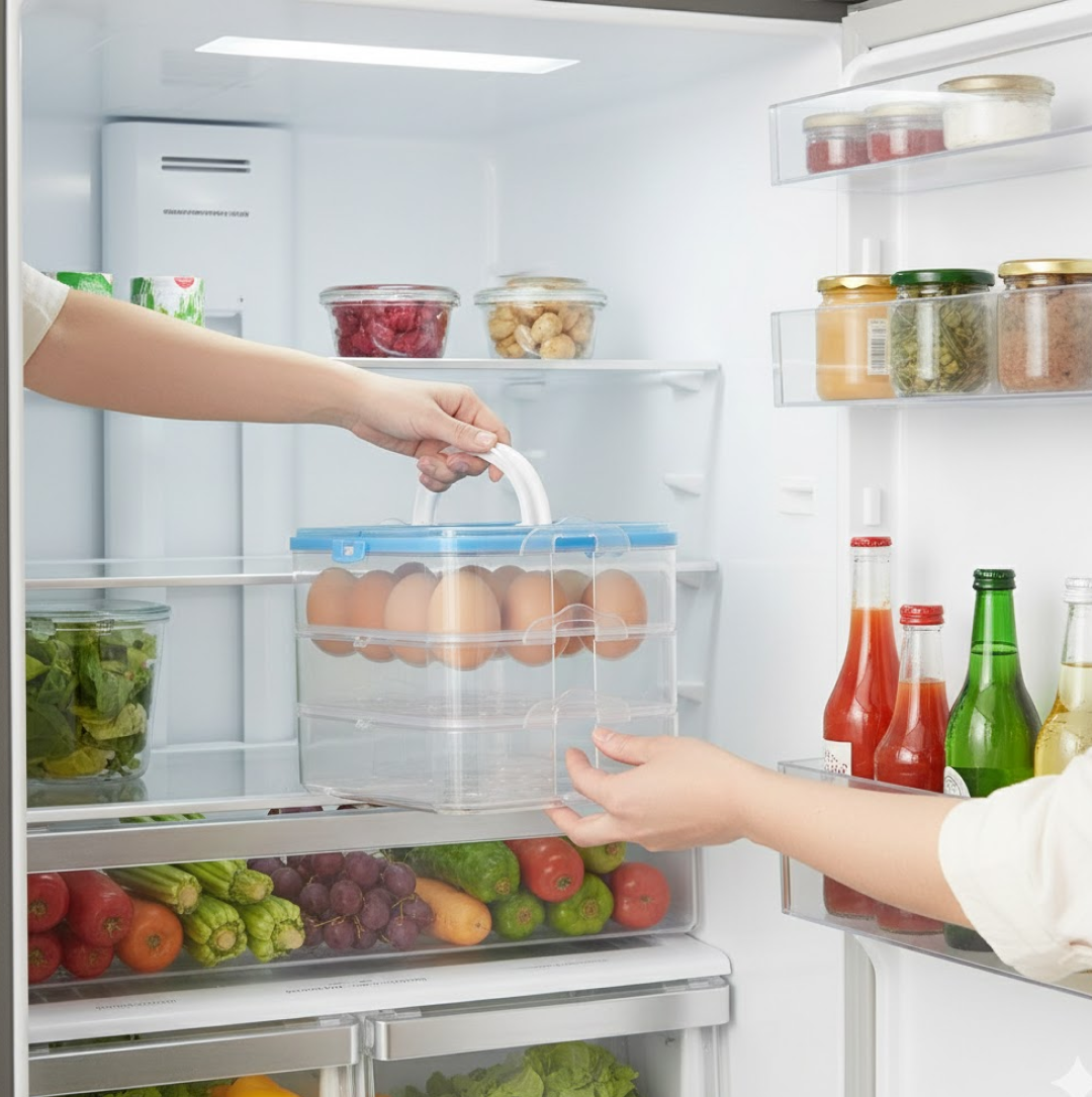 Detachable trays of the 3-layer egg storage box for flexible organization.