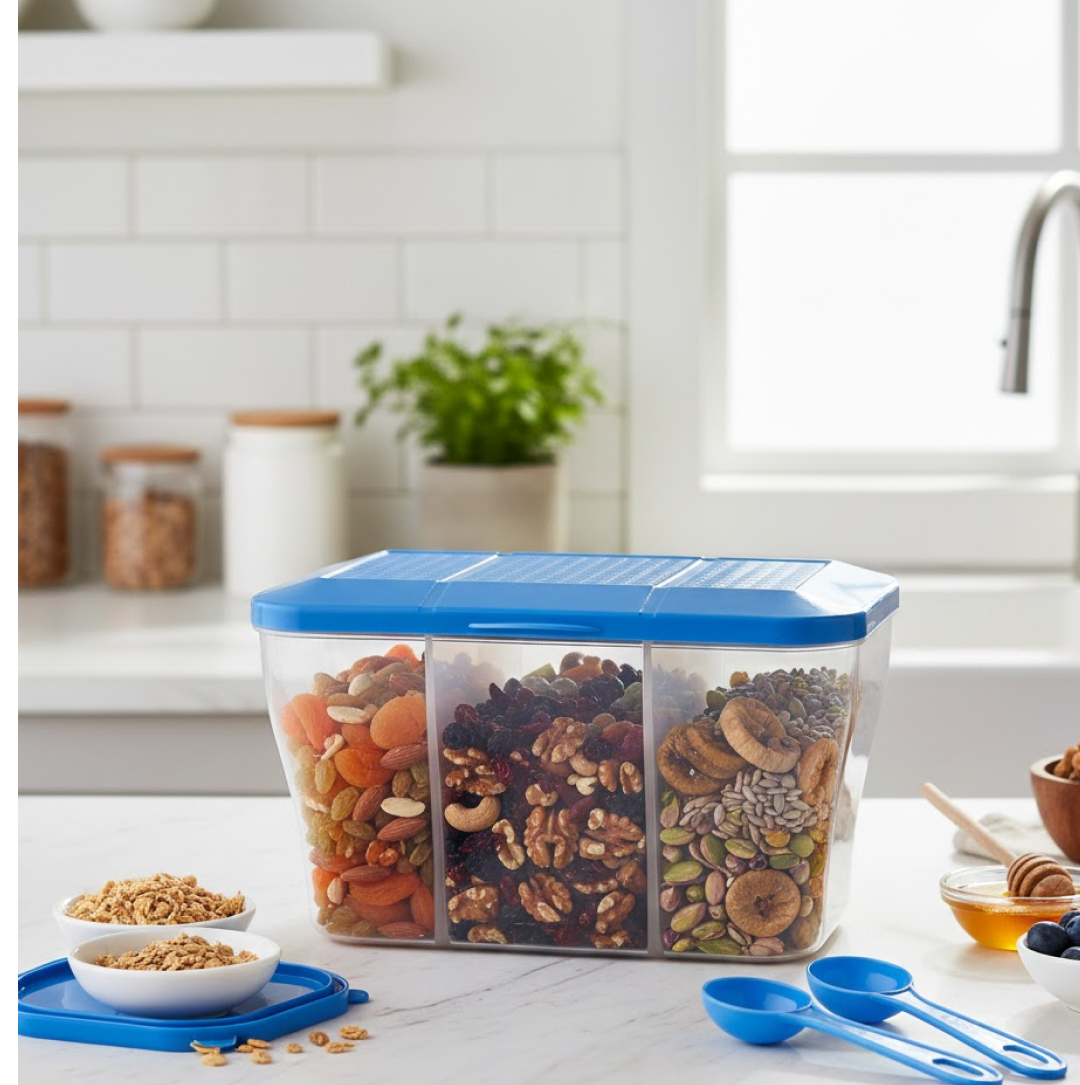 Airtight 3-section food storage box with a clear lid, showcasing organized ingredients.
