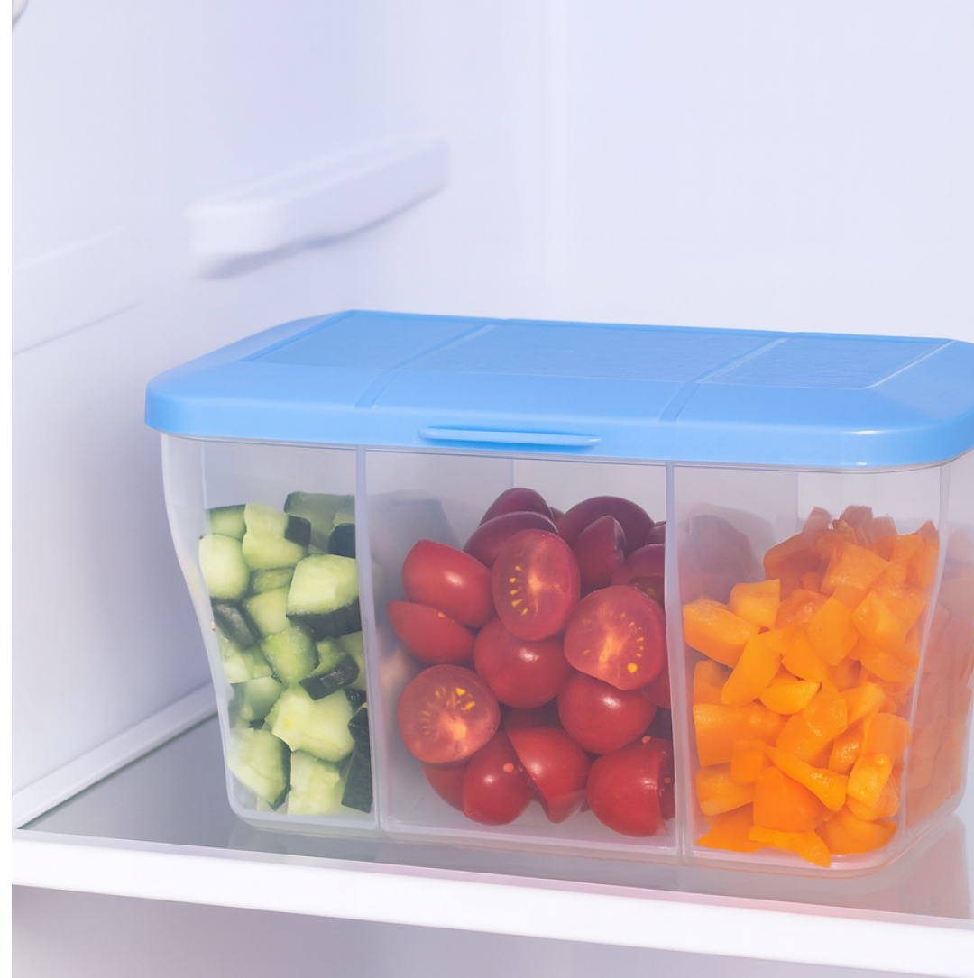 Side view of the 3-section airtight storage container, showing its transparent design.