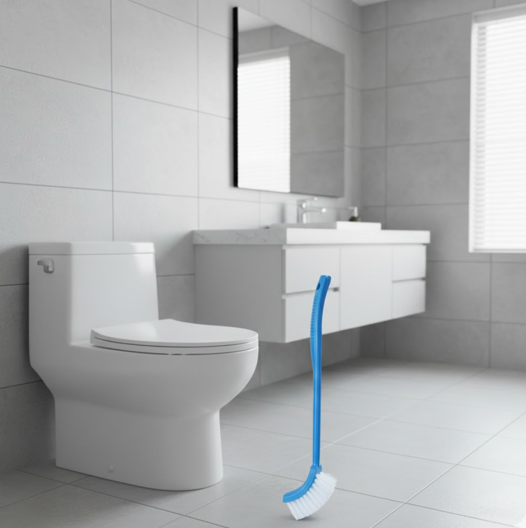 Hockey stick shaped toilet cleaning brush designed for reaching tough corners.