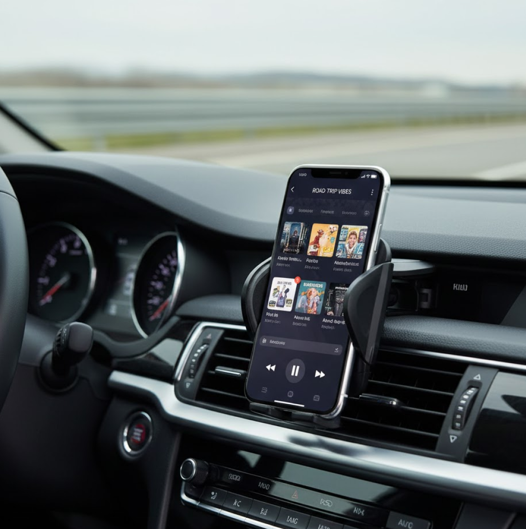Side profile of the PHOBIA Car Vent Mobile Holder showcasing its secure grip.