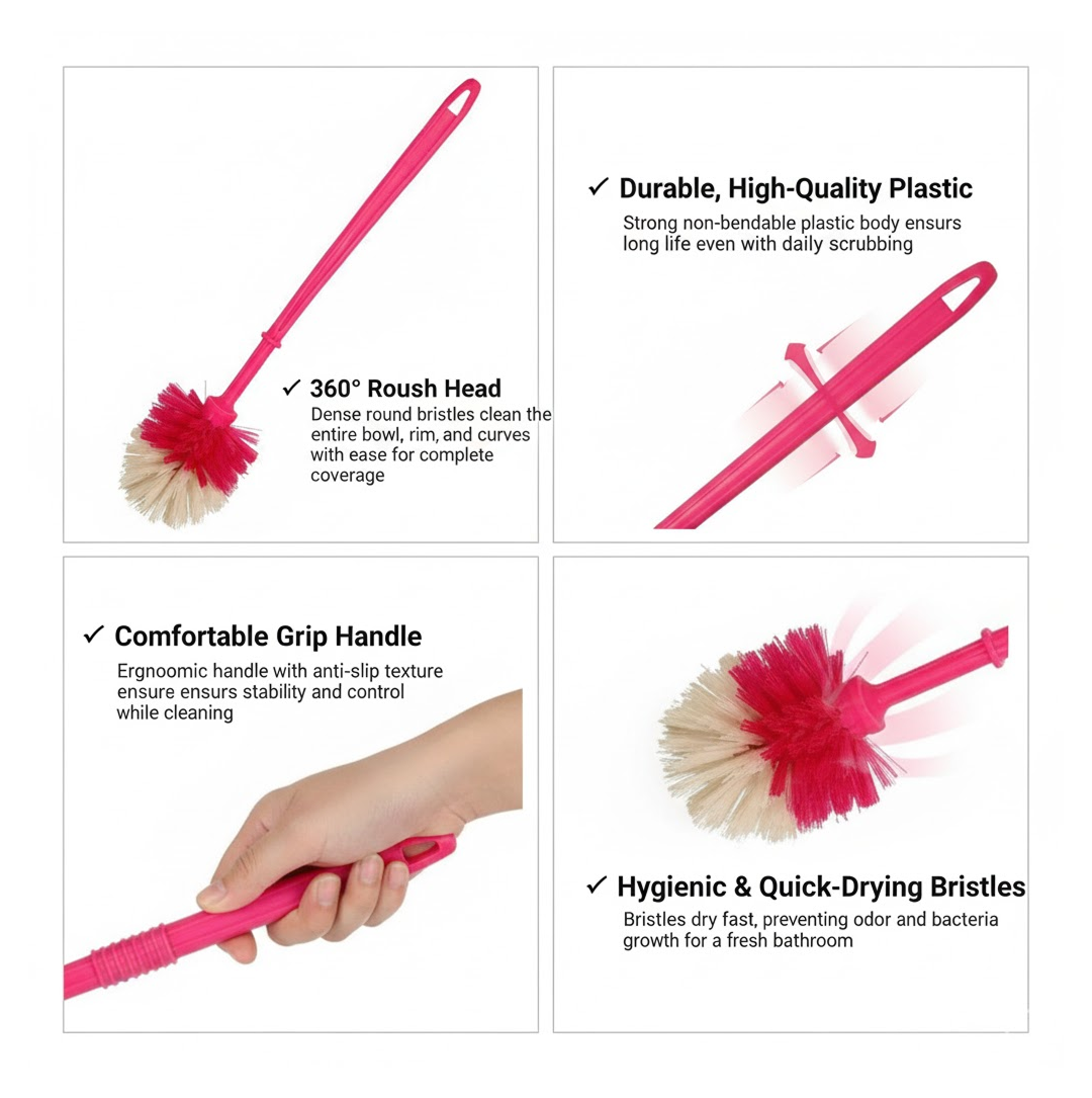 Full view of the multicolor toilet cleaner brush ready for use.