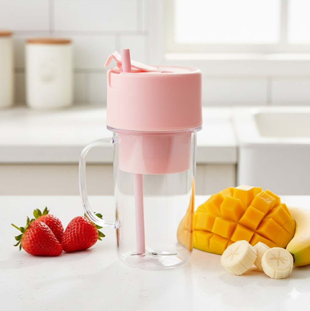Lifestyle shot of the portable juicer being used outdoors for a healthy drink.