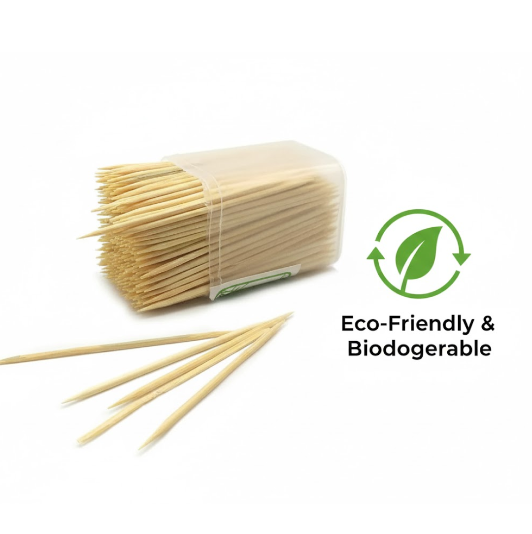  wooden toothpicks in a reusable dispenser box on a white background.