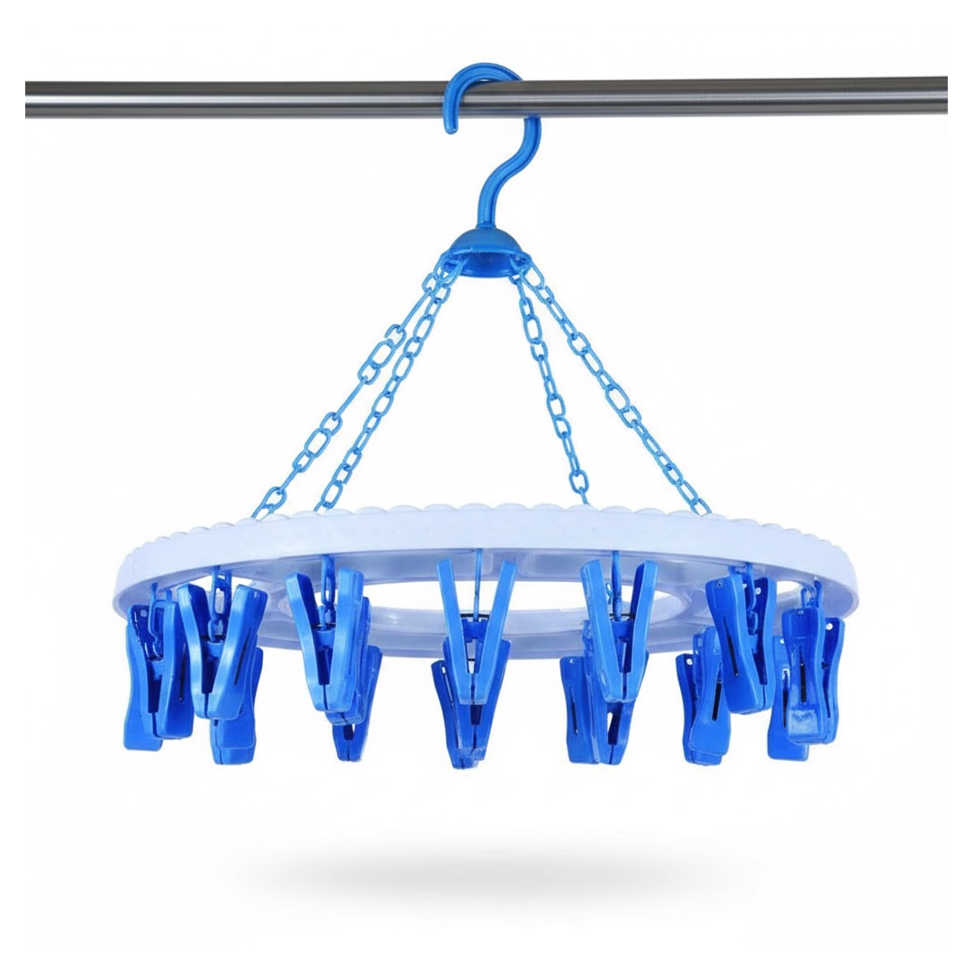 The foldable design of the round plastic cloth drying hanger for easy storage.