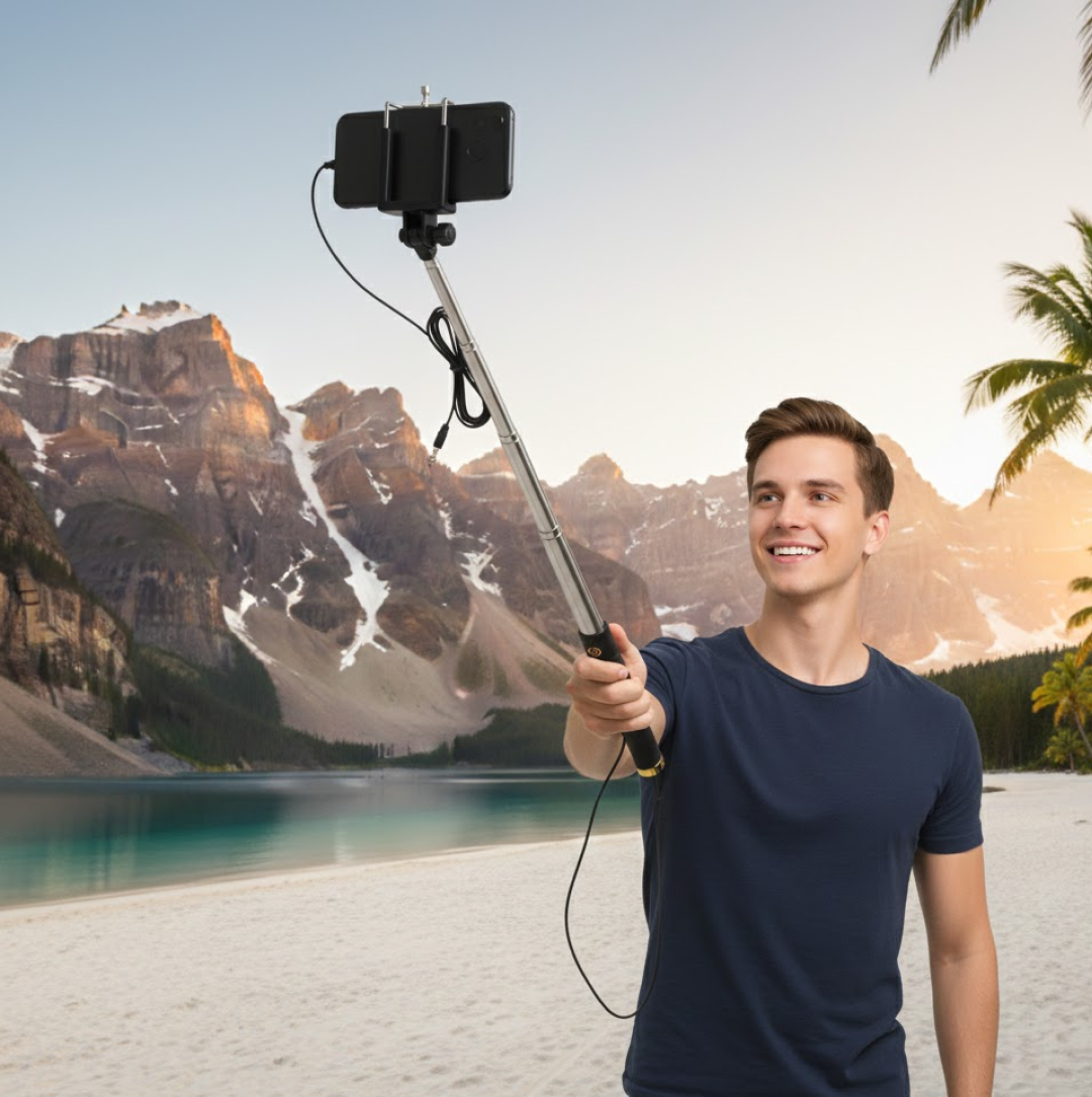 Infographic detailing key features and benefits of the selfie stick with aux wire.