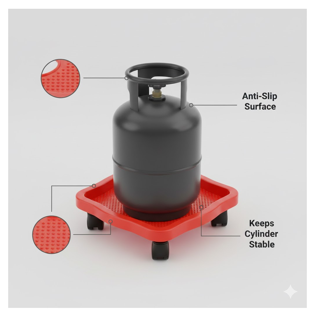 Detail of the anti-skid lock mechanism on a wheel of the gas cylinder trolley.