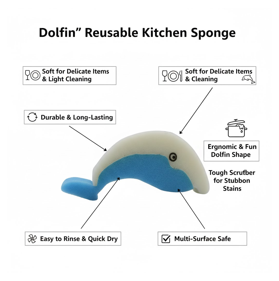 Close-up view of the Dolfin Reusable Kitchen Sponge, showcasing its textured surface.