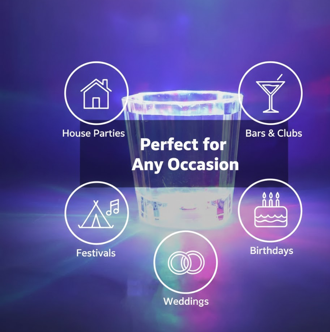 Multi-colour LED illuminated shot glasses for celebration