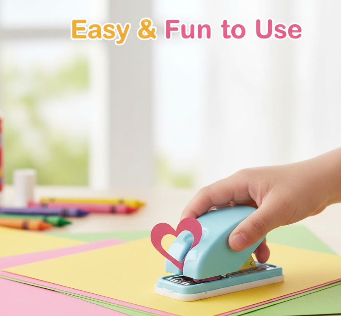 A yellow decorative hole puncher producing a heart shape for DIY crafts.