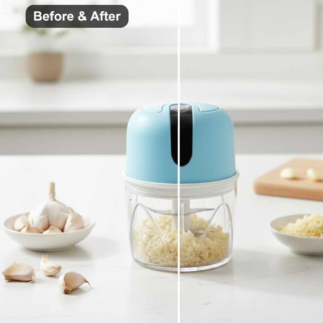 All detachable components of the mini electric garlic chopper laid out for easy cleaning.