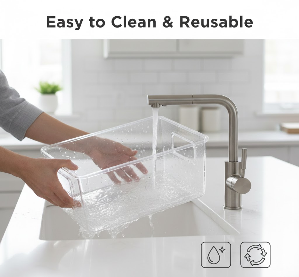 Close-up of the easy-grip handle on the clear refrigerator organizer bin.