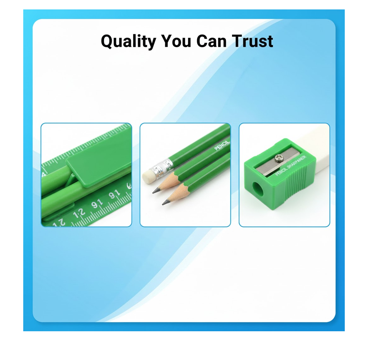Sharpener and eraser from the 5-piece stationery kit for kids.