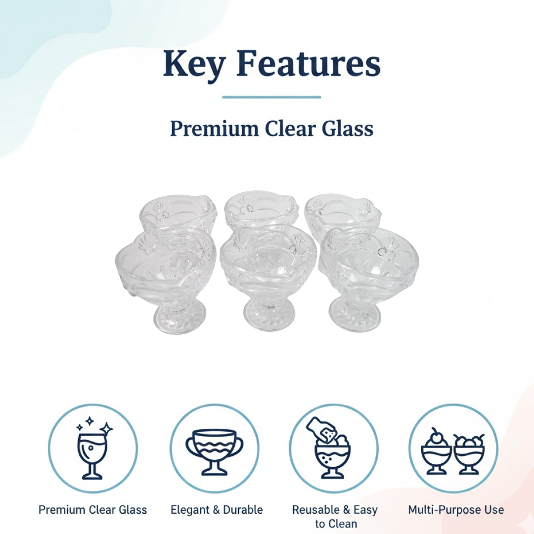 Set of six clear glass ice cream serving cups on a white background.