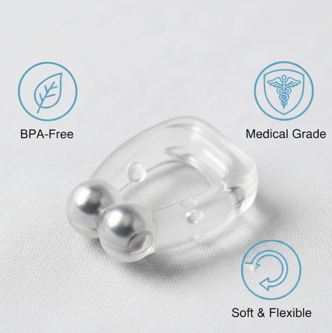 Side view of the reusable anti-snore nose clip, highlighting its ergonomic design.