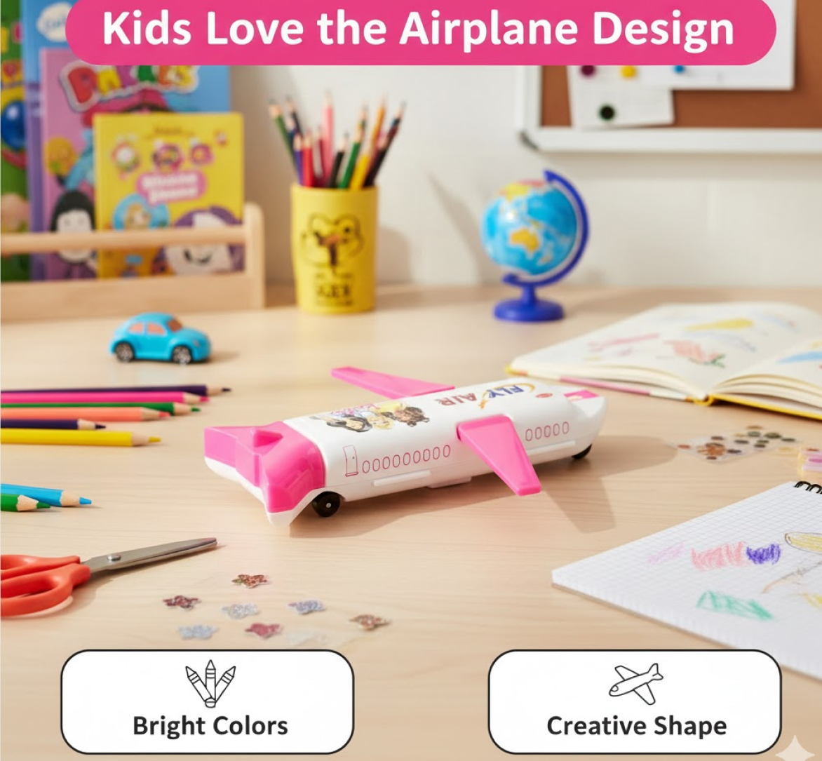 Detailed view of the built-in sharpener in the airplane pencil box.