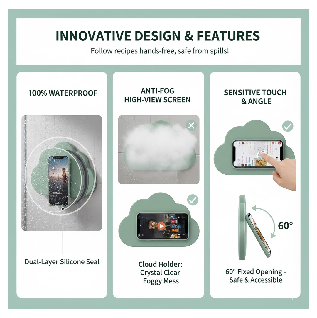 Waterproof mobile stand case securely mounted on a tiled bathroom wall.