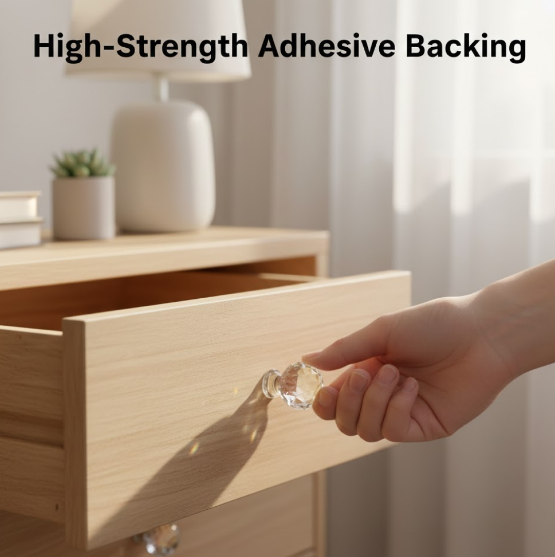 Side profile of the self-adhesive crystal cabinet knob, highlighting its depth.