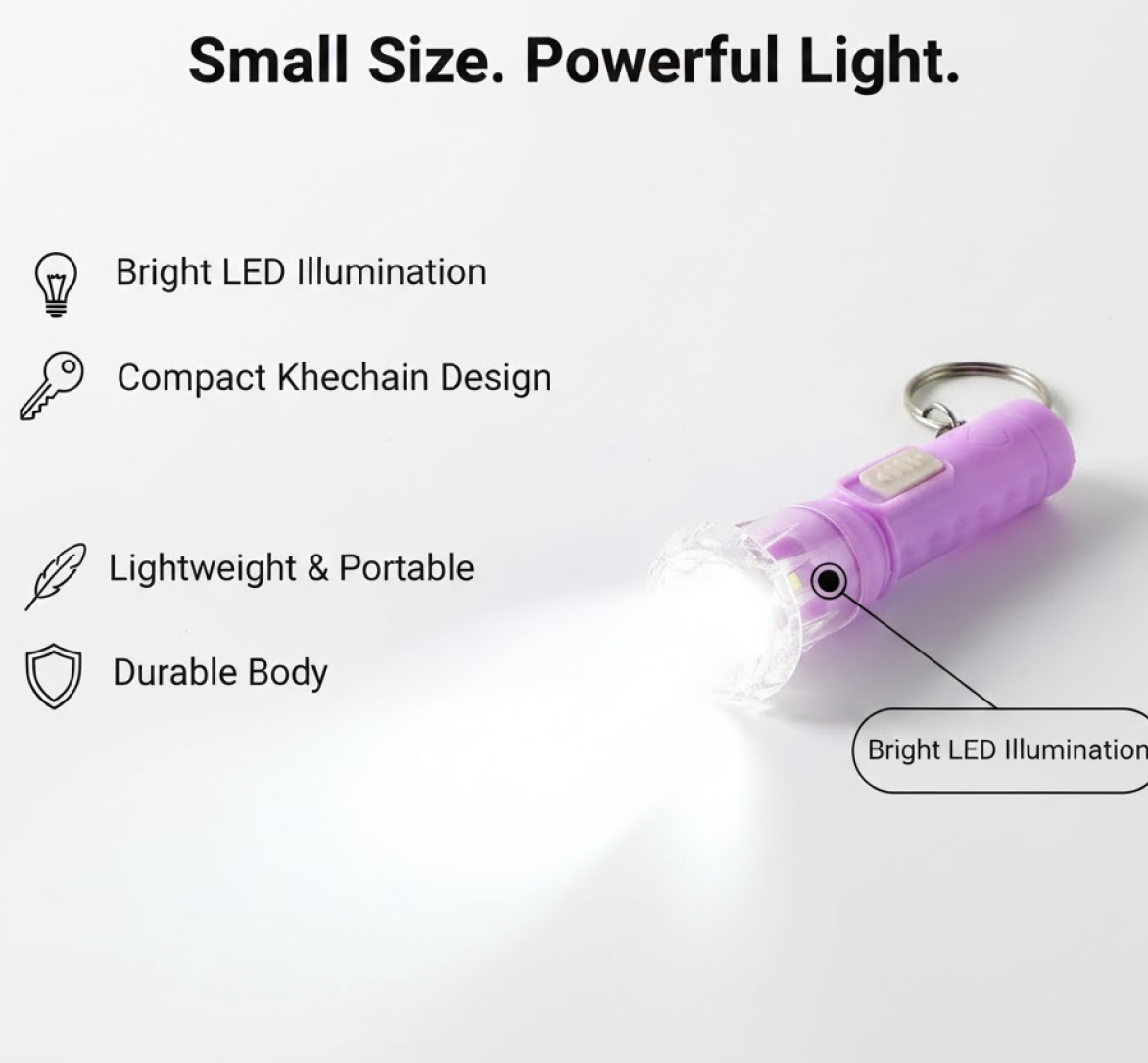 Illustration of Mini LED Flashlight Keychain Torch design features