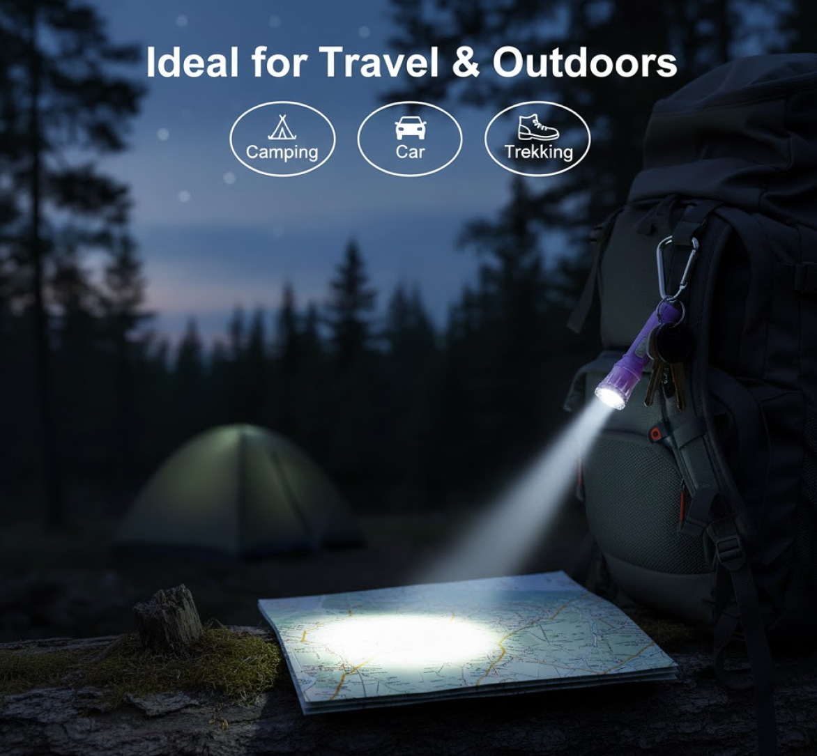 Detailed illustration showing LED and button placement on keychain torch