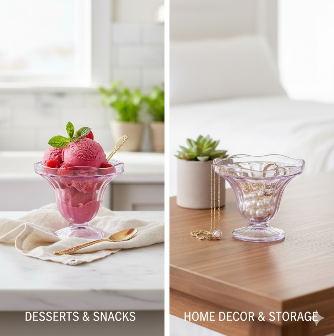 Six clear plastic sundae bowls arranged neatly, ready for serving.