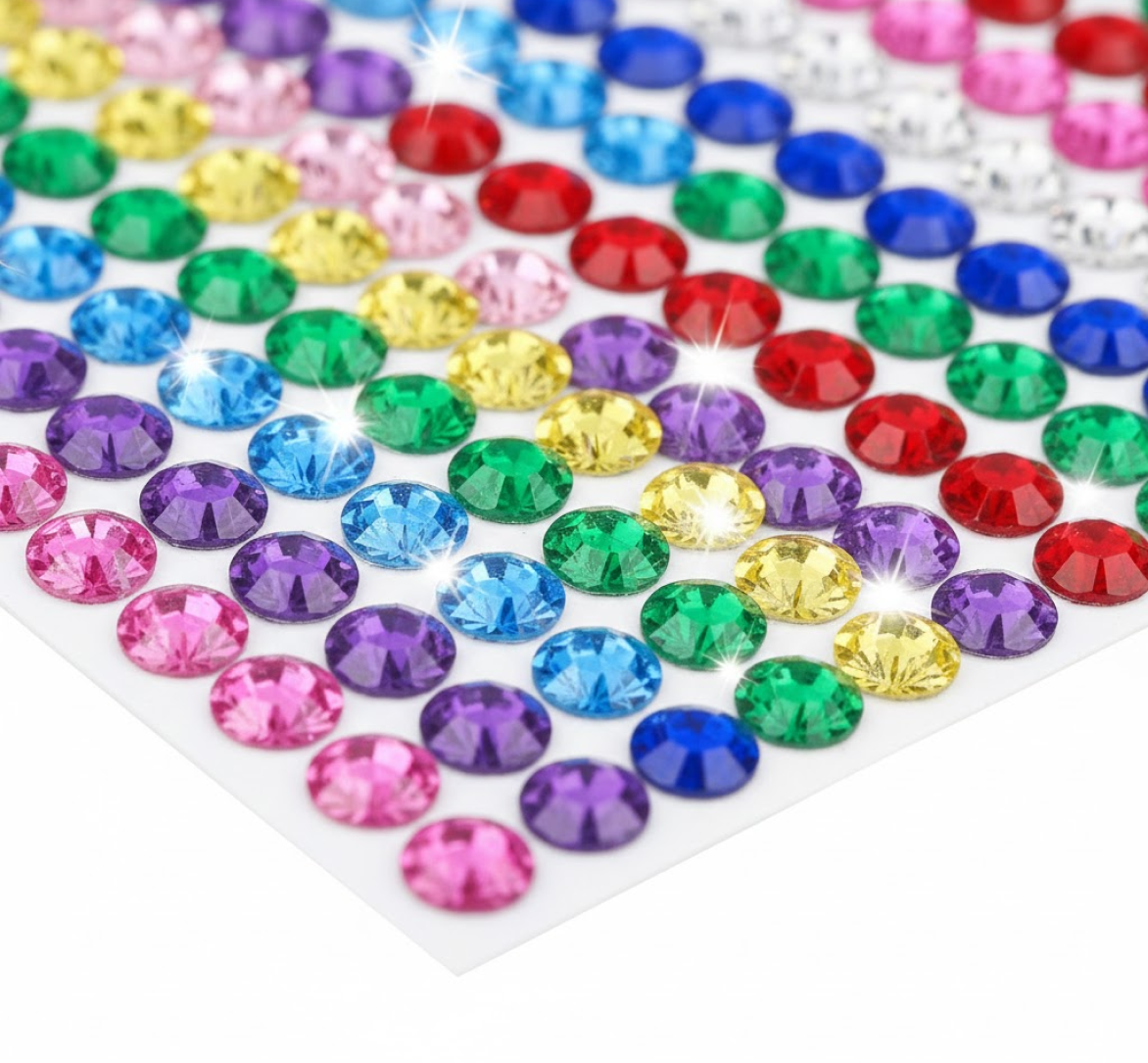 Sheet of crystal stickers featuring various designs for crafts and home decoration.