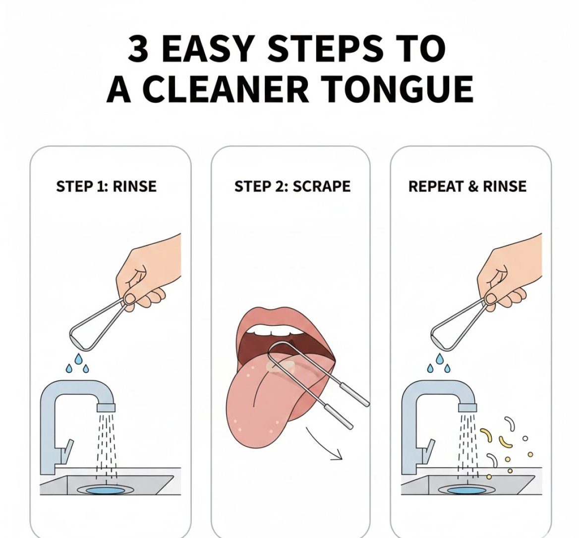 Infographic detailing the proper cleaning technique with a MintGuard tongue scraper.