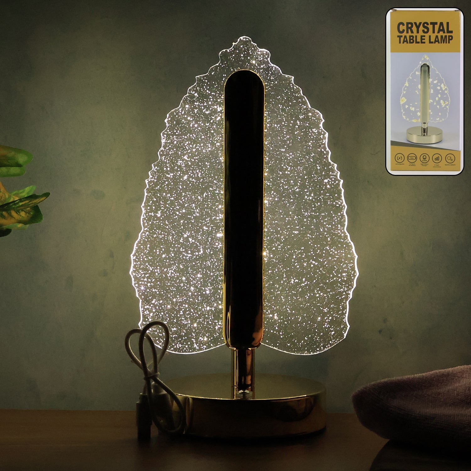LED Crystal Table Lamp with USB powered leaf design creating warm ambient light