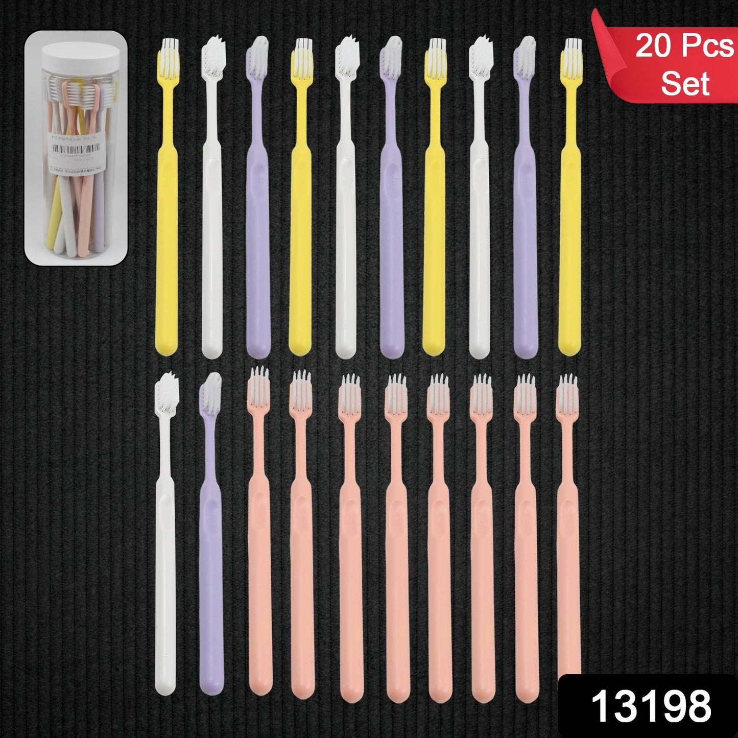 Clear plastic round box containing multiple soft plastic toothbrushes, ideal for travel and organized storage.